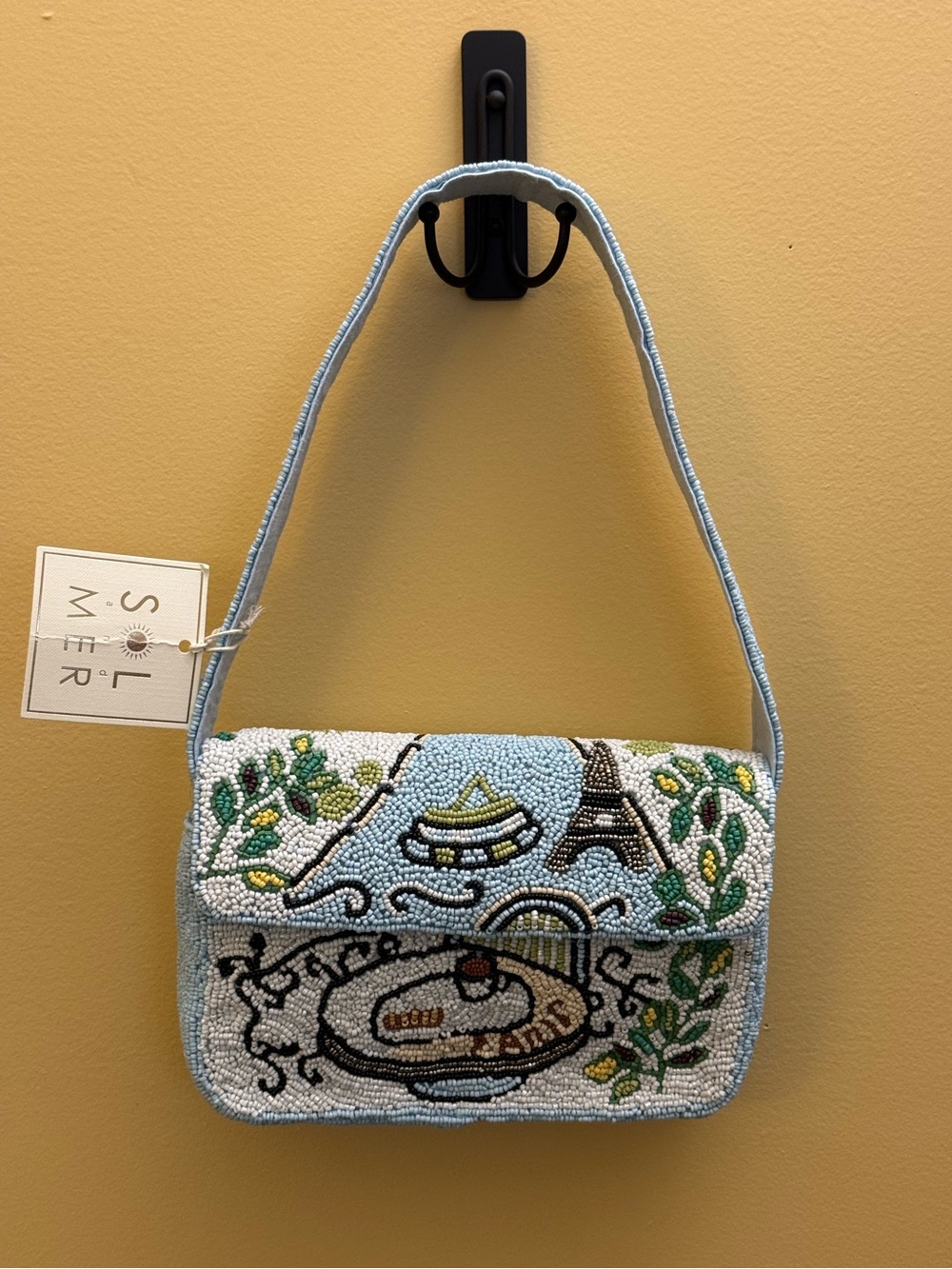 Sol and Mer Paris scene on handcrafted Beaded Shoulder Bag. NWT. TikTok viral.